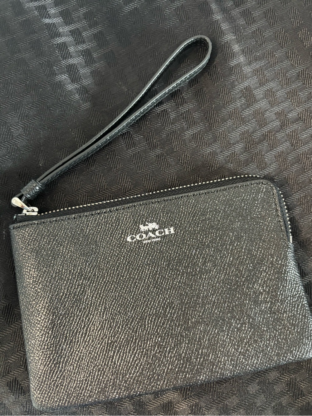 Coach Black Leather Wristlet Pouch with Silver Logo